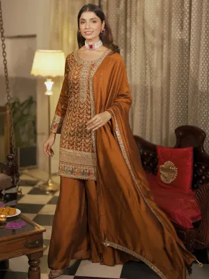 Adaa Rust Embroidered Silk Blend Straight Kurta With Palazzos & Dupatta