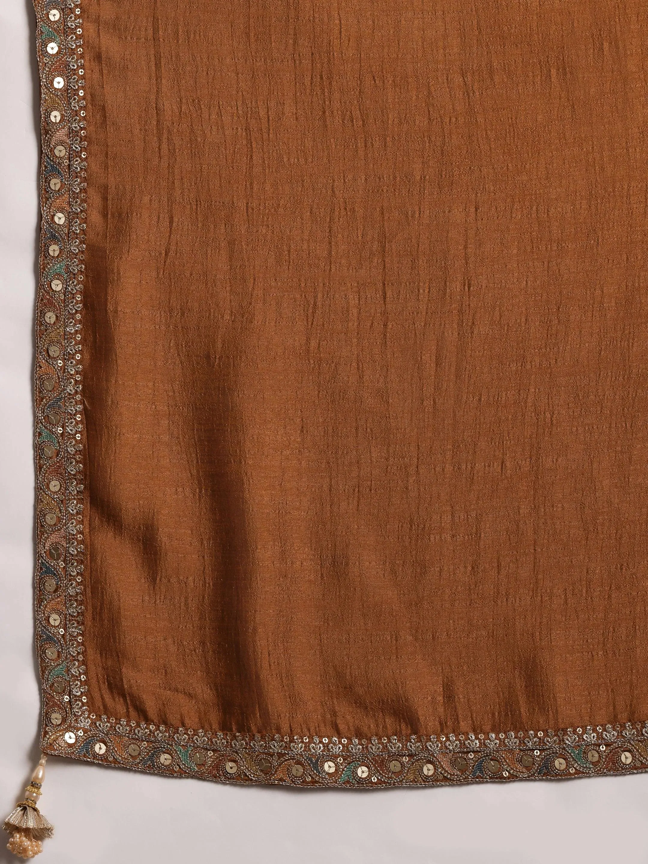 Adaa Rust Embroidered Silk Blend Straight Kurta With Palazzos & Dupatta