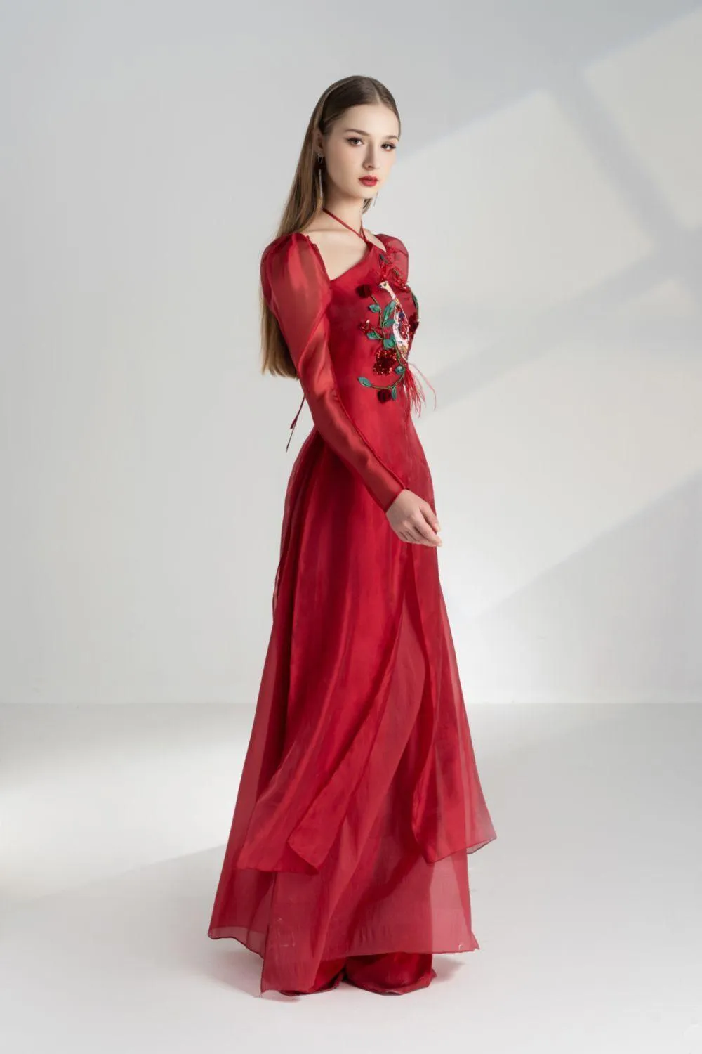 Annie A-line Puffy Sleeved Silk Organza Floor Length Ao Dai