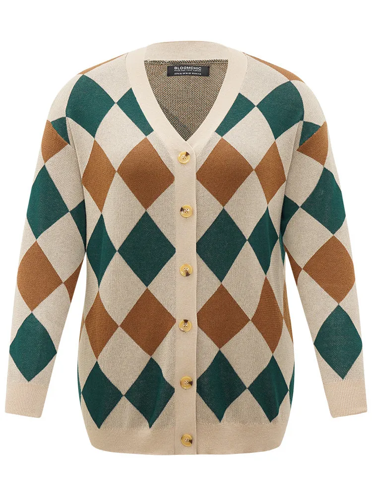 Argyle Plaid Contrast Button Up Cardigan