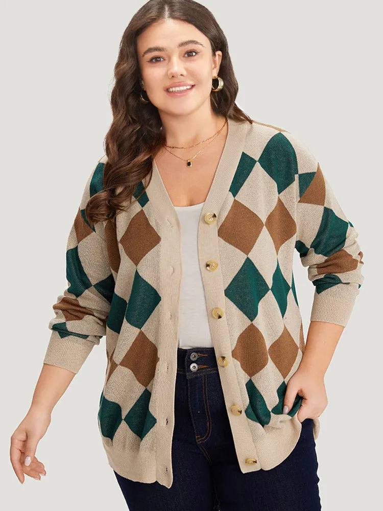 Argyle Plaid Contrast Button Up Cardigan