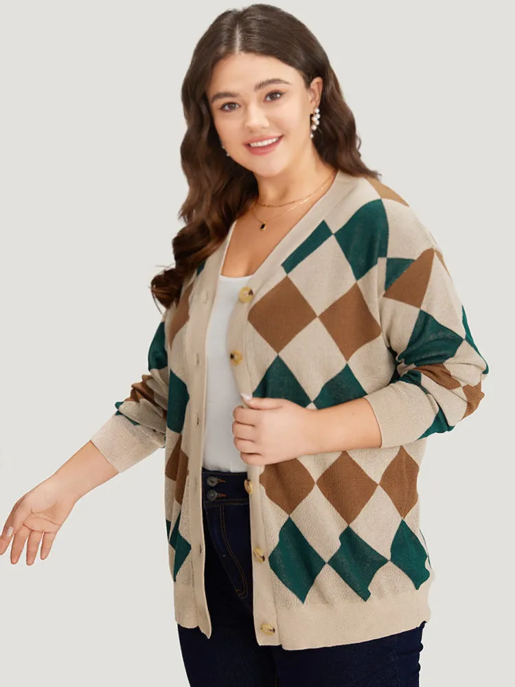 Argyle Plaid Contrast Button Up Cardigan