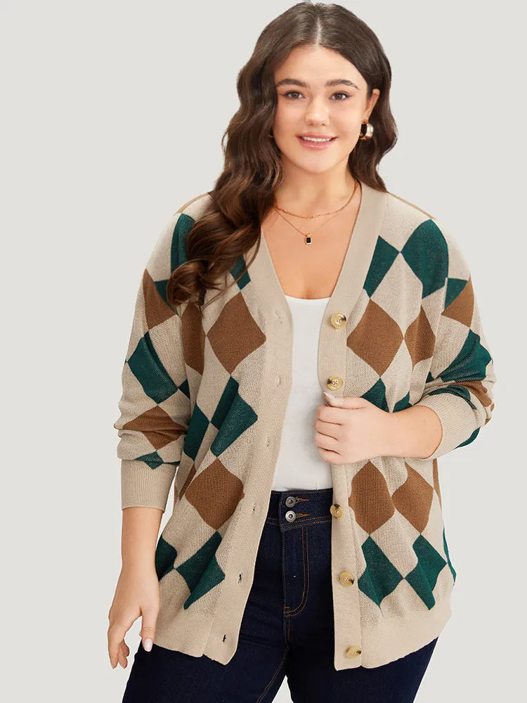 Argyle Plaid Contrast Button Up Cardigan