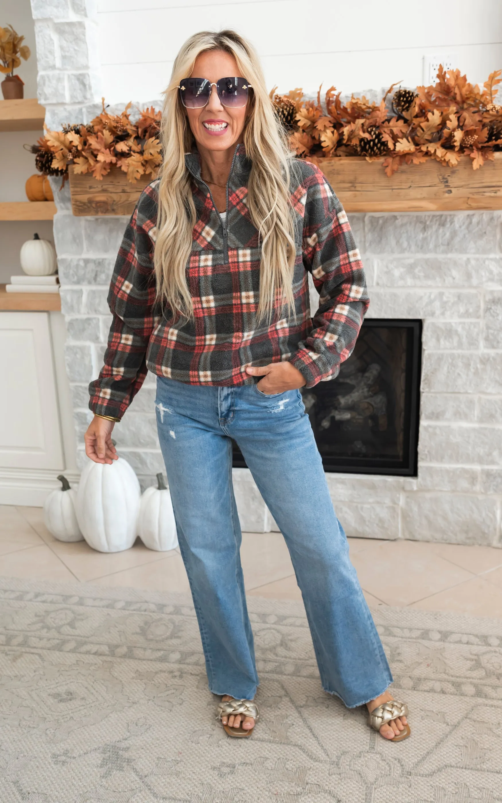 Autumn Morning Wood Brushed Plaid Pullover Top - Pink - Final Sale