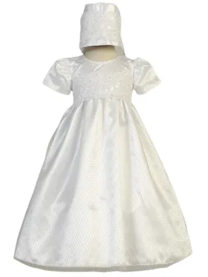 Baby Girls White Embroidered Lace Trim Diamond Mesh Christening Bonnet Dress 12-18M