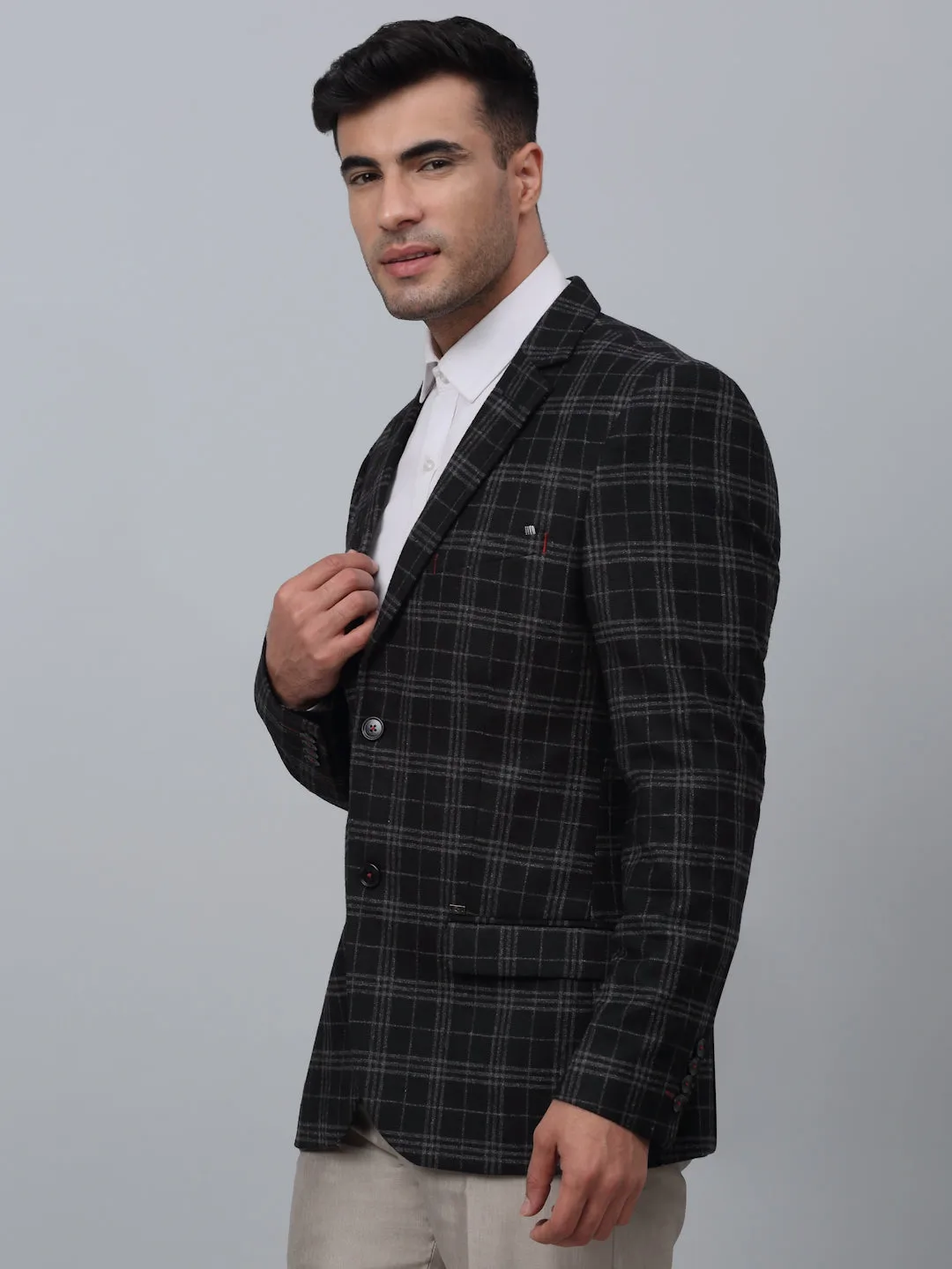 Black Checkered Full Sleeves Formal Blazer For Men