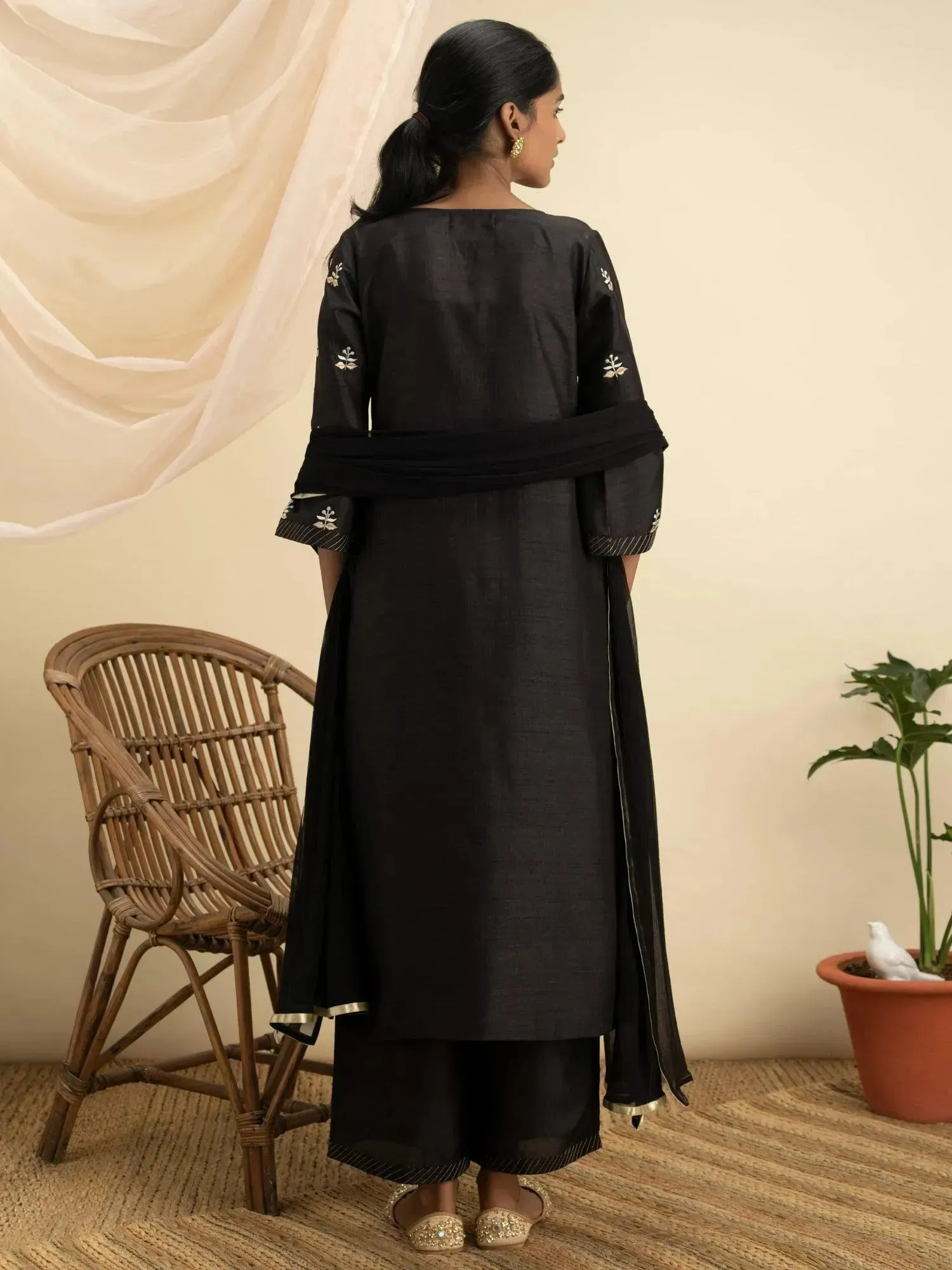 Black Embroidered Silk Straight Kurta With Palazzos & Dupatta