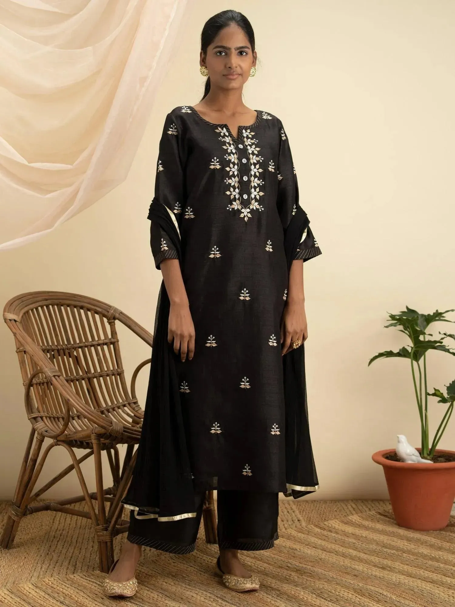 Black Embroidered Silk Straight Kurta With Palazzos & Dupatta