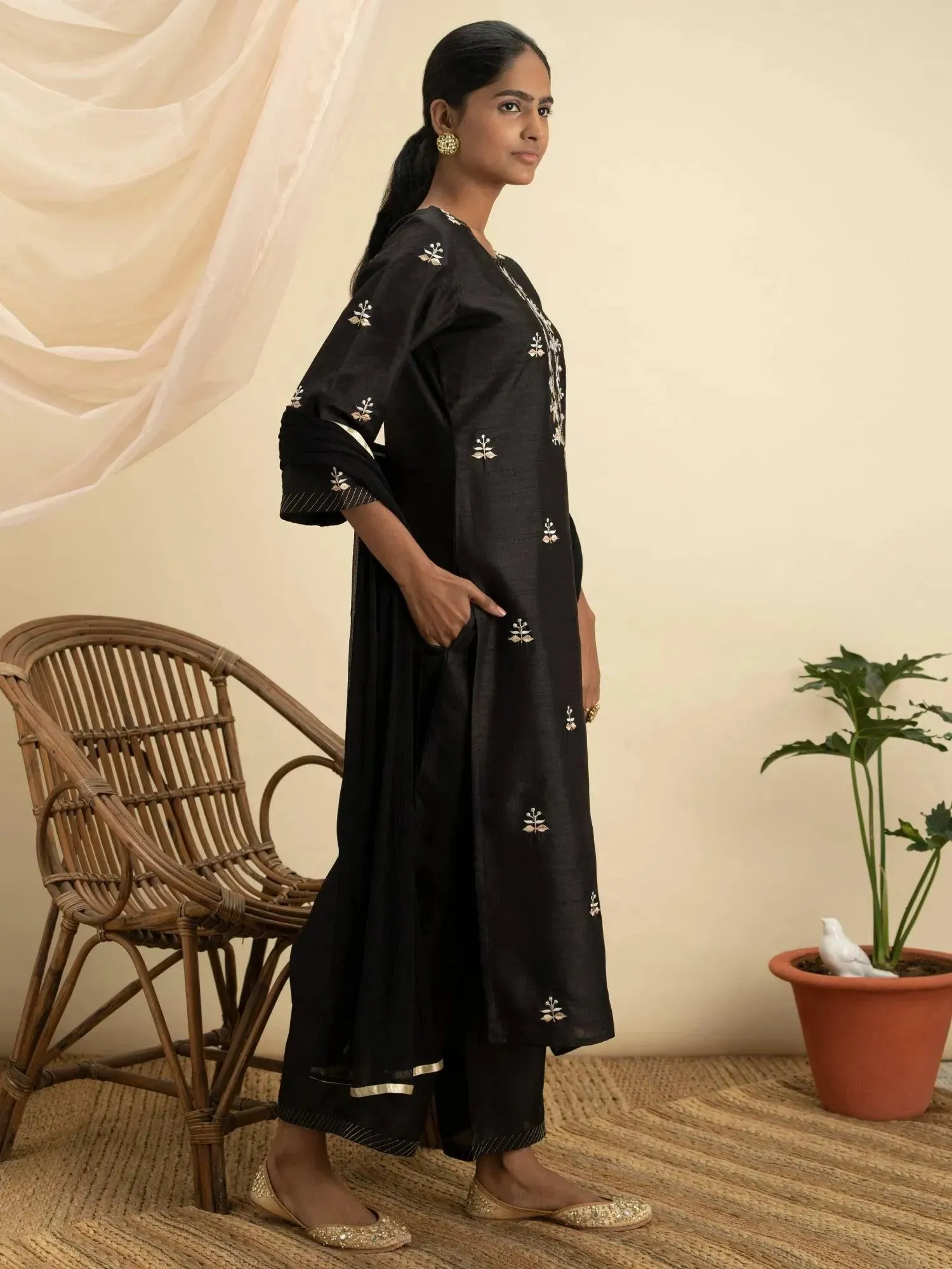 Black Embroidered Silk Straight Kurta With Palazzos & Dupatta