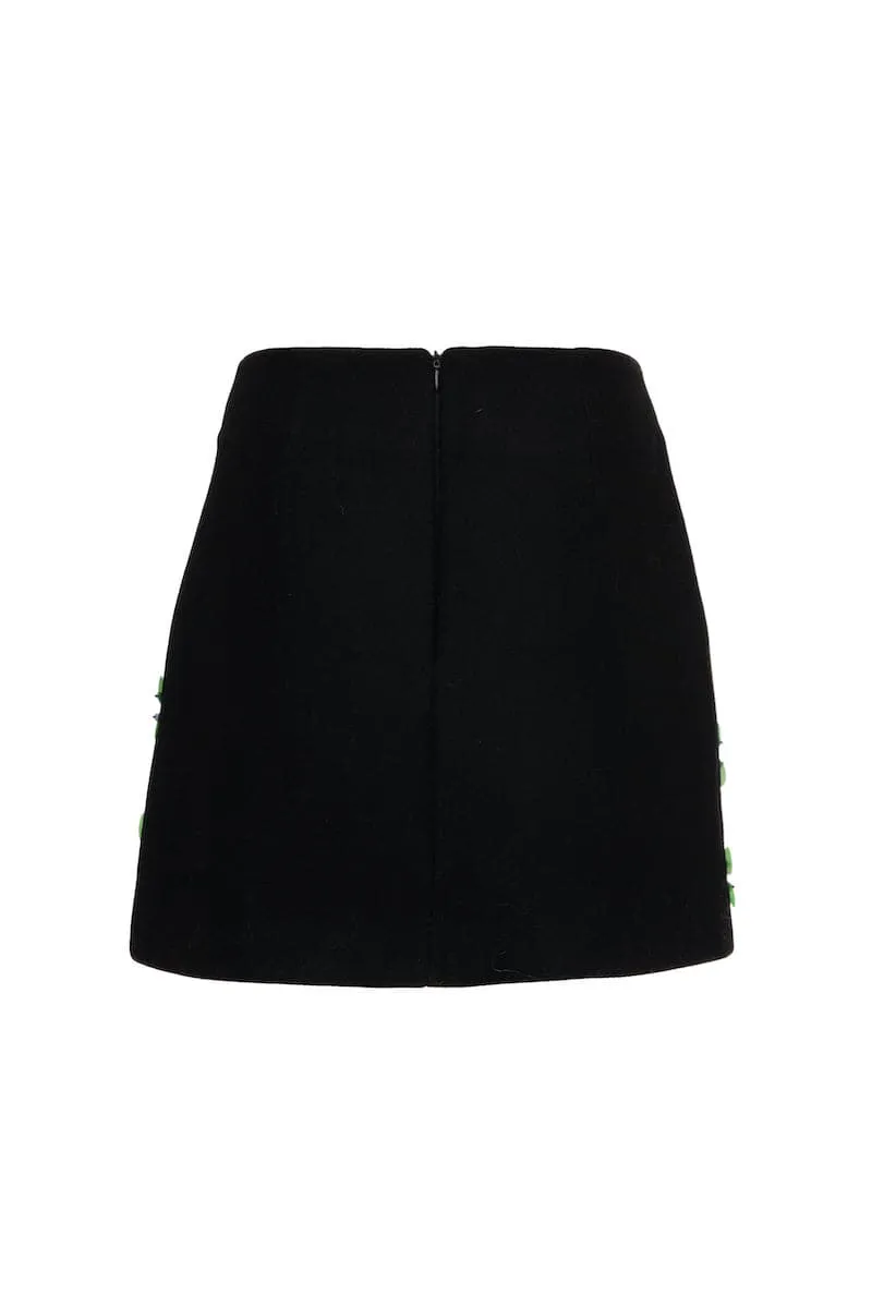 BLACK WOOL MINI SKIRT WITH GREEN SEQUIN EMBELLISHMENT