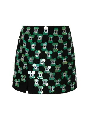 BLACK WOOL MINI SKIRT WITH GREEN SEQUIN EMBELLISHMENT