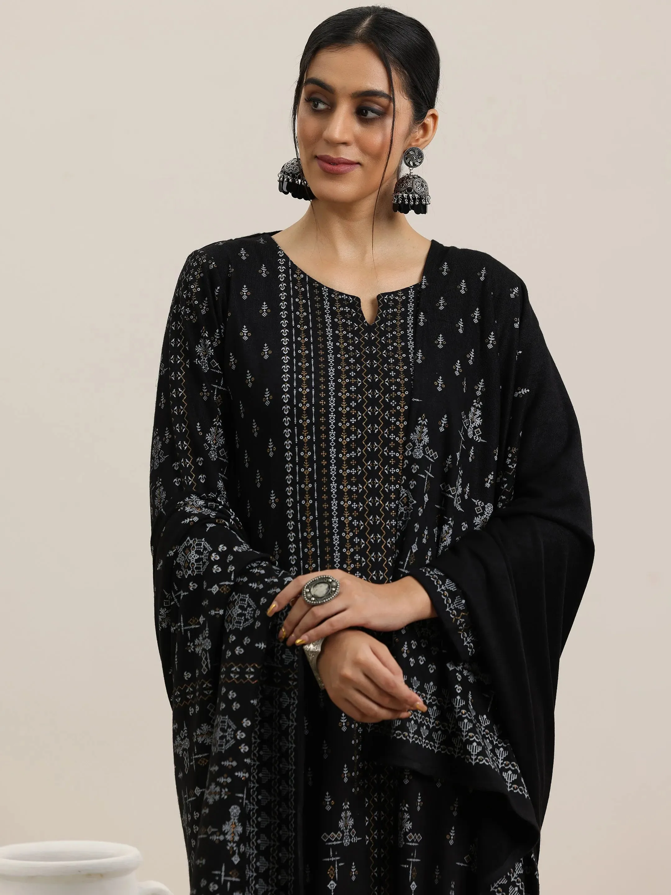 Black Woven Design Wool Blend Straight Suit With Dupatta