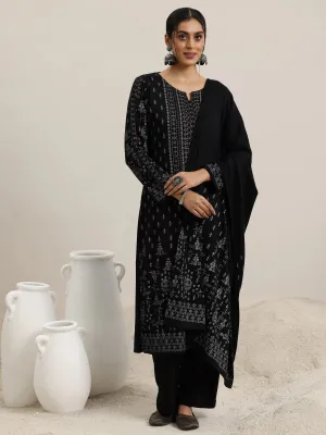 Black Woven Design Wool Blend Straight Suit With Dupatta