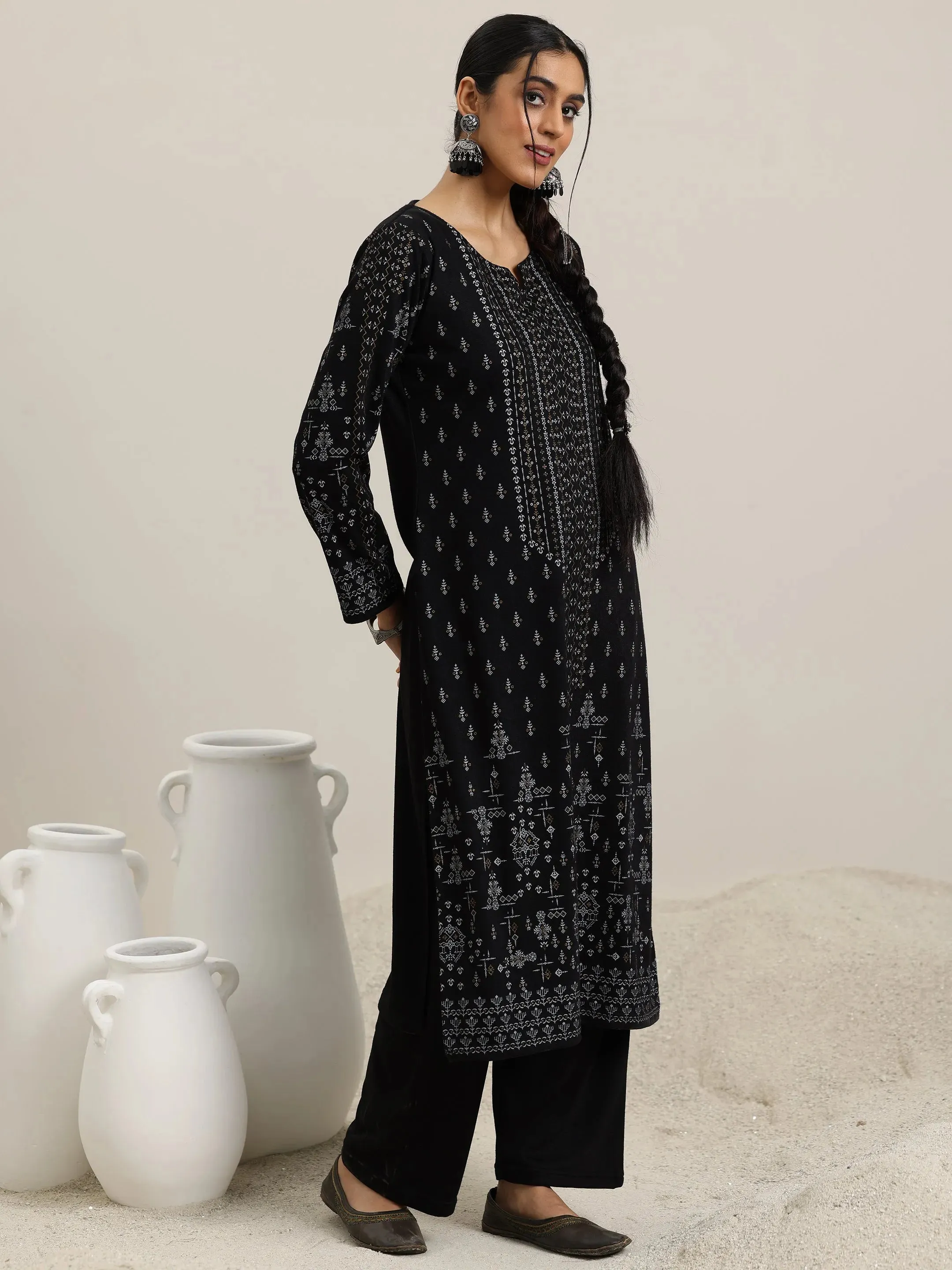 Black Woven Design Wool Blend Straight Suit With Dupatta