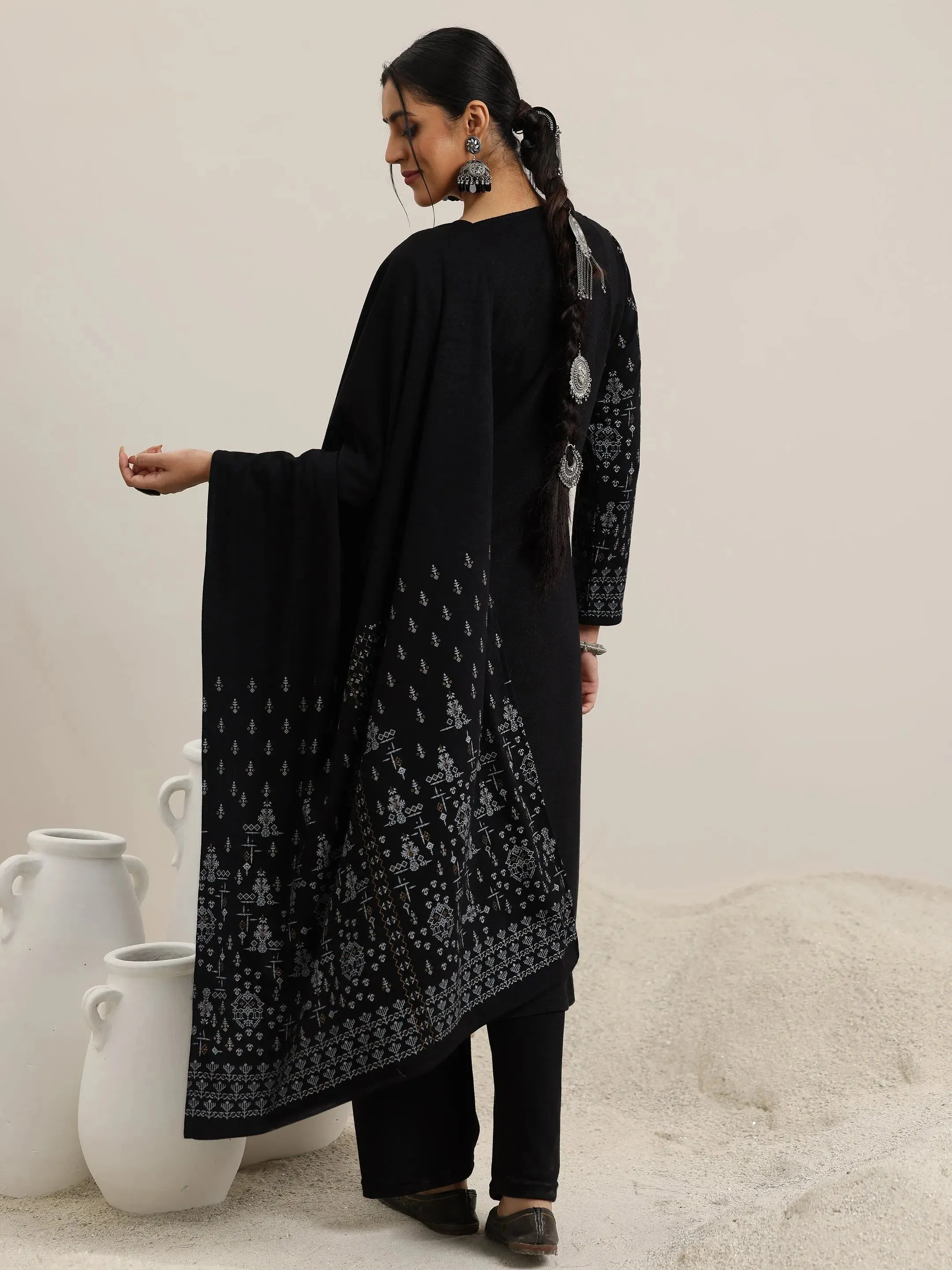 Black Woven Design Wool Blend Straight Suit With Dupatta