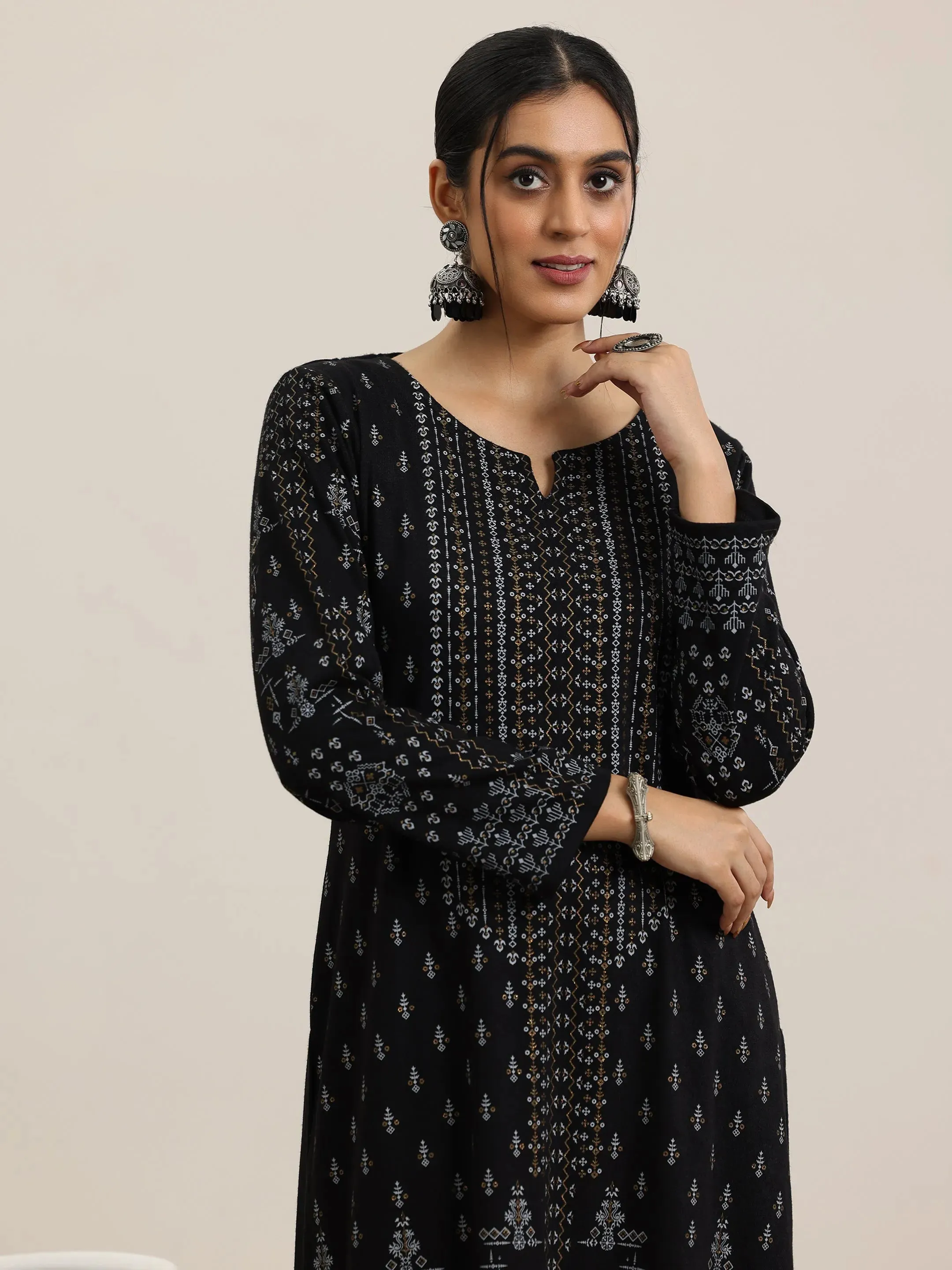 Black Woven Design Wool Blend Straight Suit With Dupatta