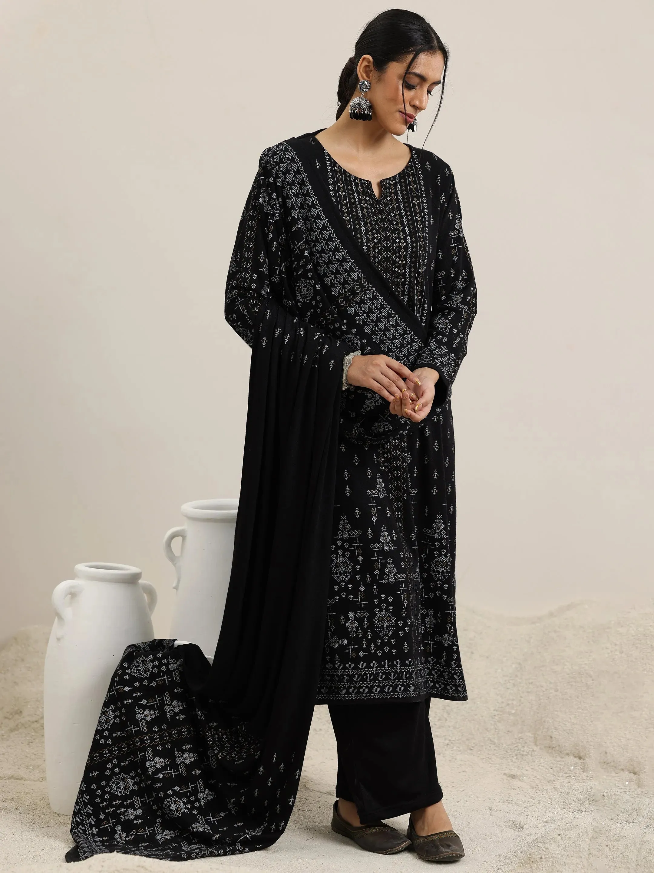 Black Woven Design Wool Blend Straight Suit With Dupatta