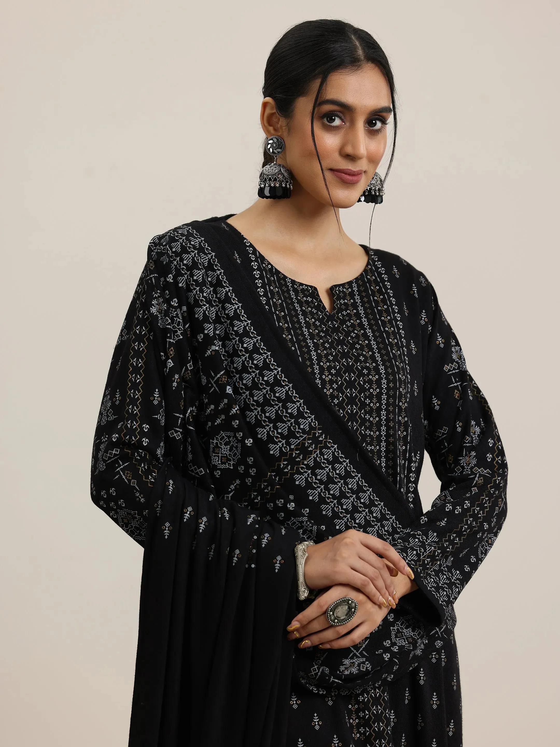 Black Woven Design Wool Blend Straight Suit With Dupatta