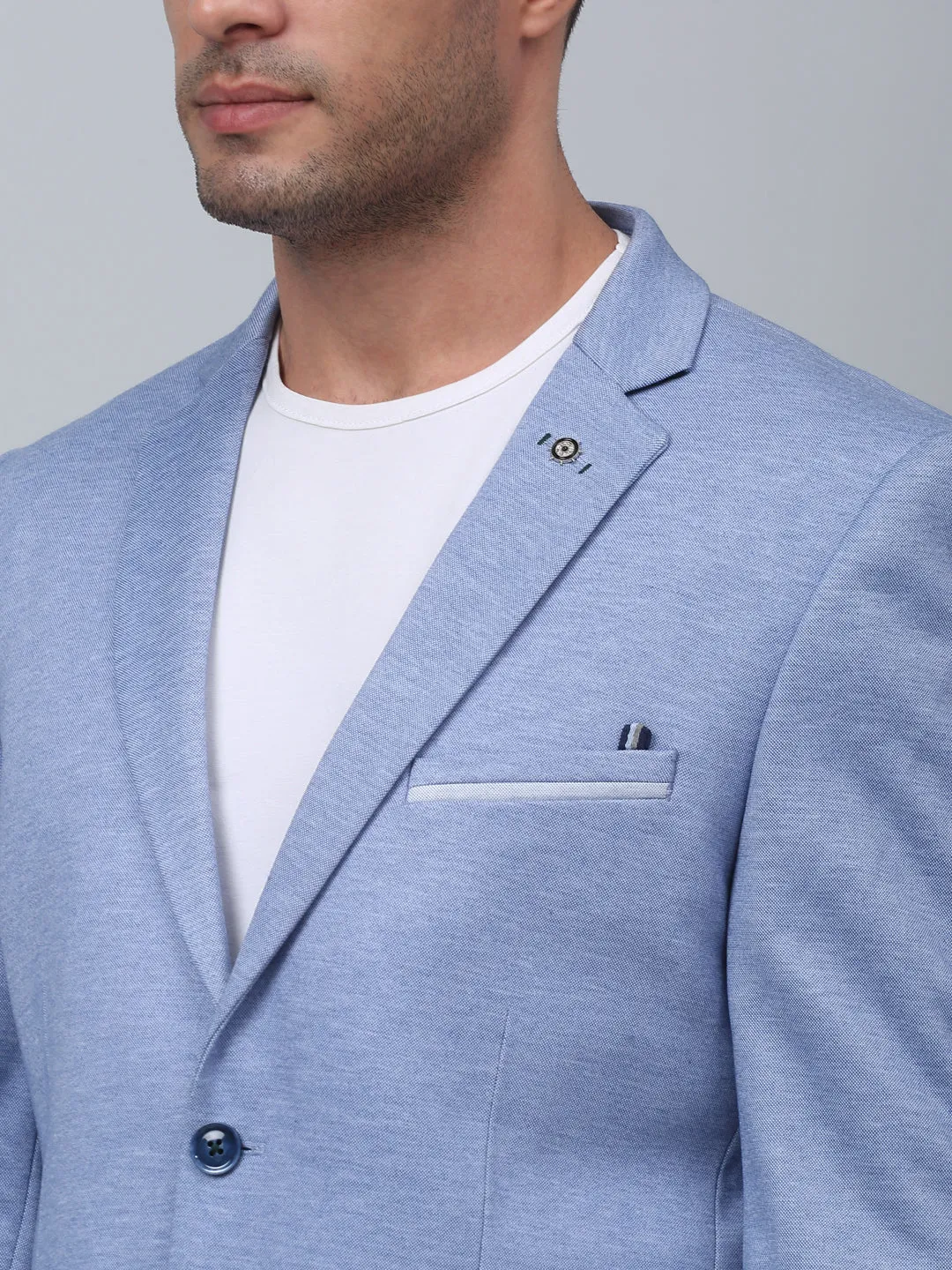 Blue Solid Plain Full Sleeves Casual Blazer For Men