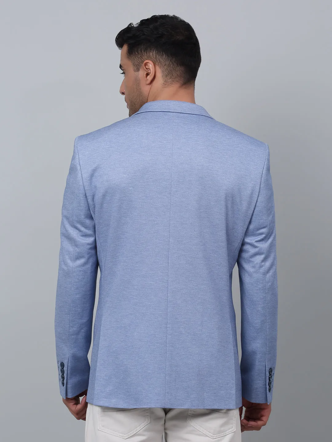 Blue Solid Plain Full Sleeves Casual Blazer For Men