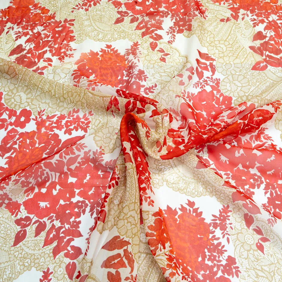 Bright Red & Beige Floral Printed Silk Georgette