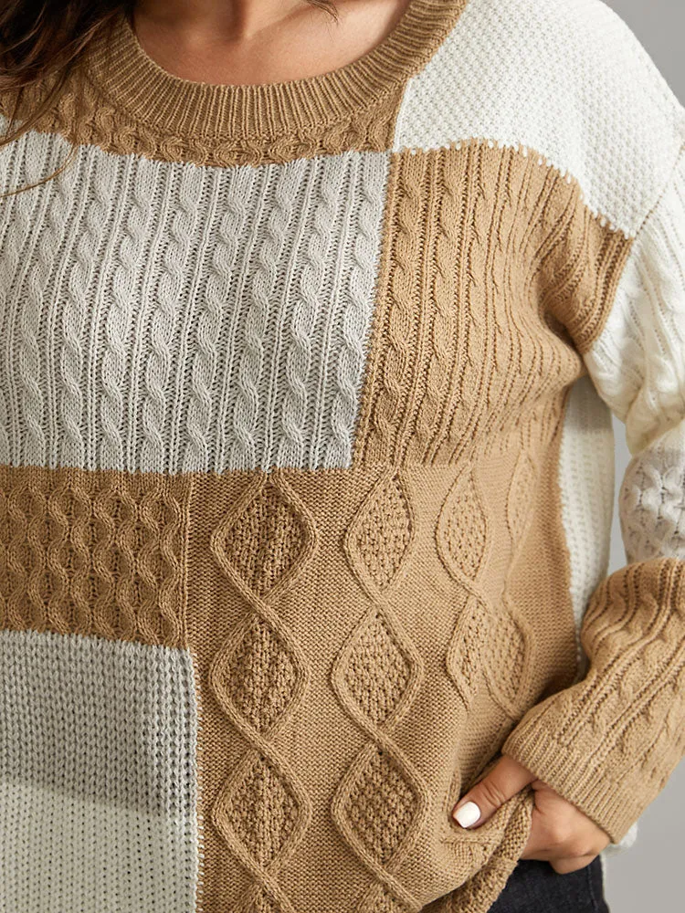 Cable Knit Colorblock Patchwork Pullover