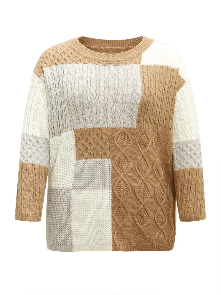 Cable Knit Colorblock Patchwork Pullover