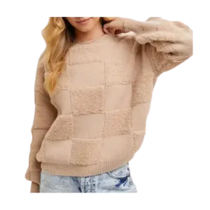 Checkered Sherpa Round Neck Knit Sweater