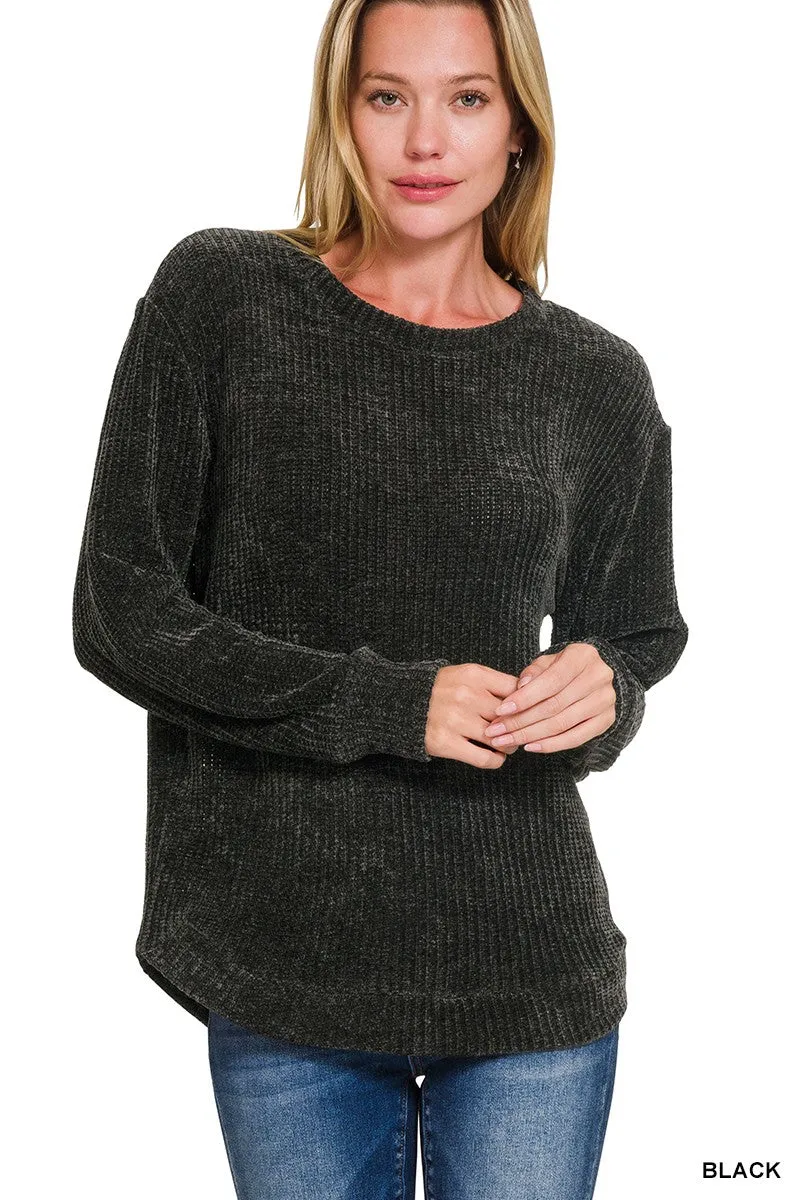 Chenille Waffle Round Neck Sweater*