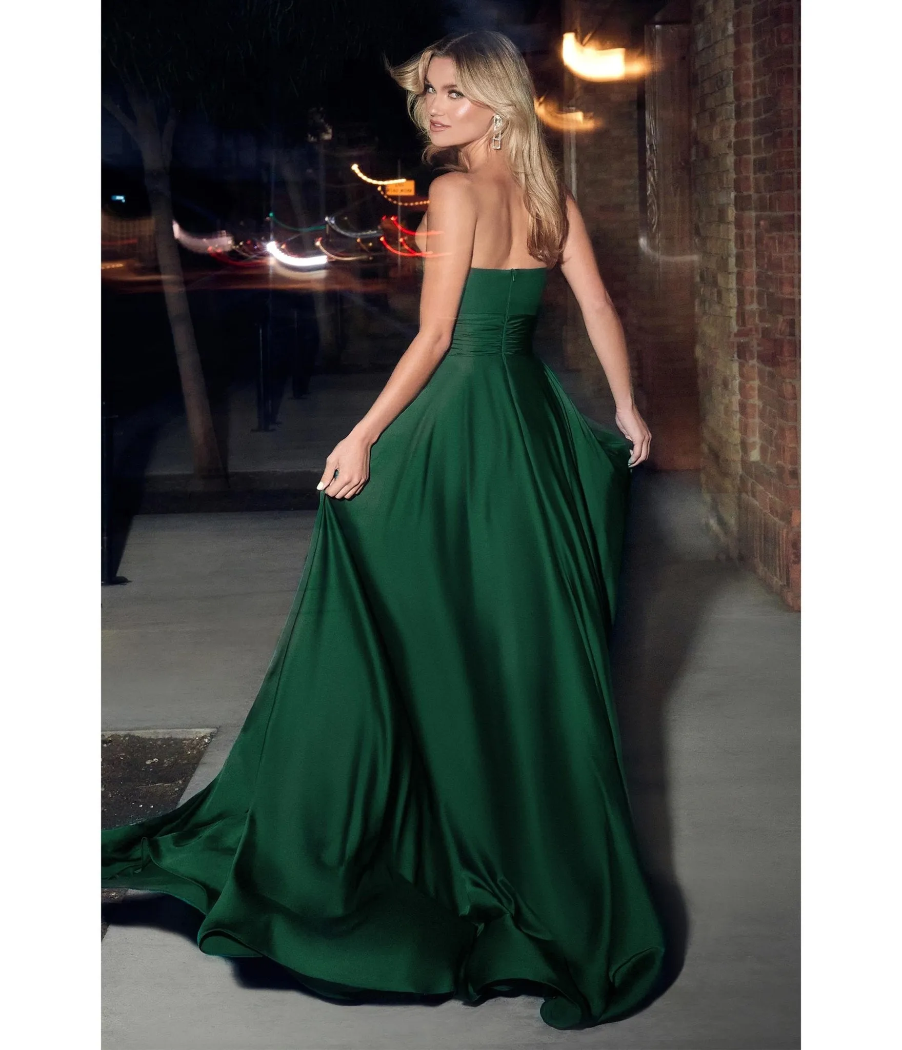 Cinderella Divine  Hunter Green Satin Strapless Keyhole Evening Gown