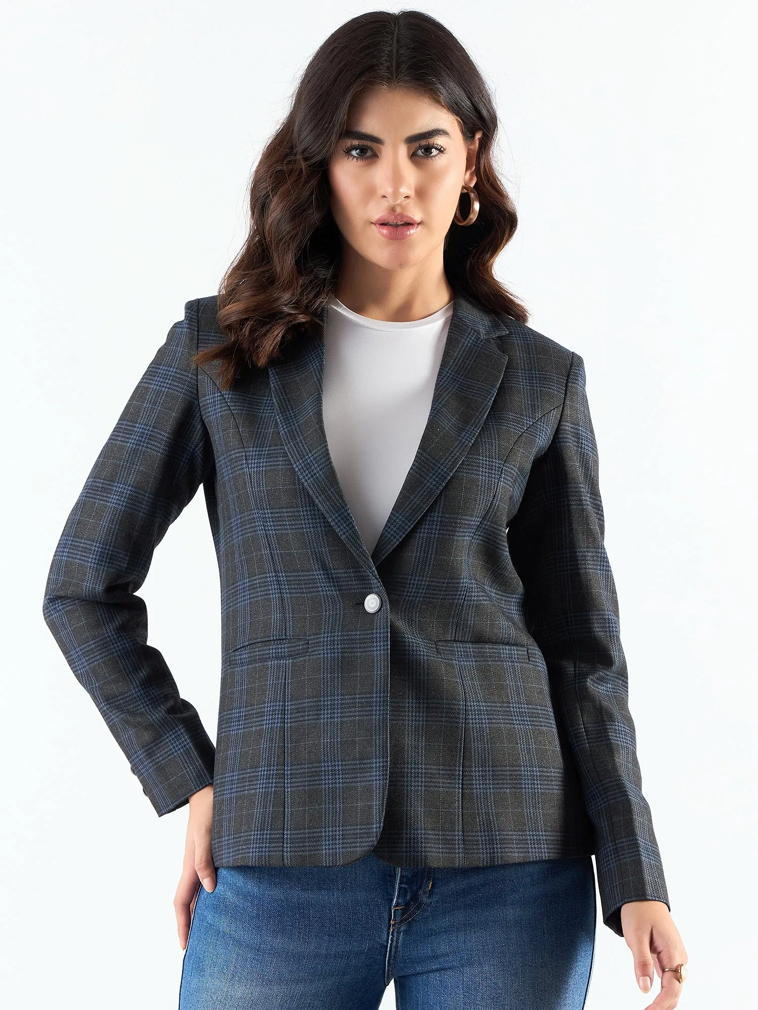 Classic Notched Collar Checkered Blazer In Woolen Plaid