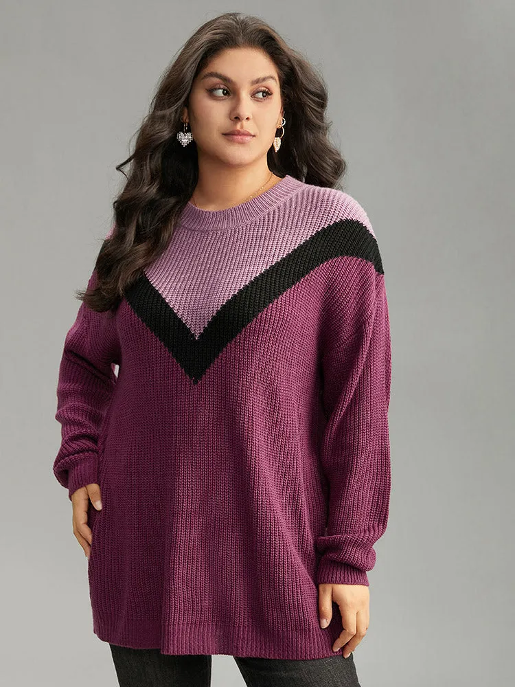 Colorblock Contrast Drop Shoulder Loose Pullover