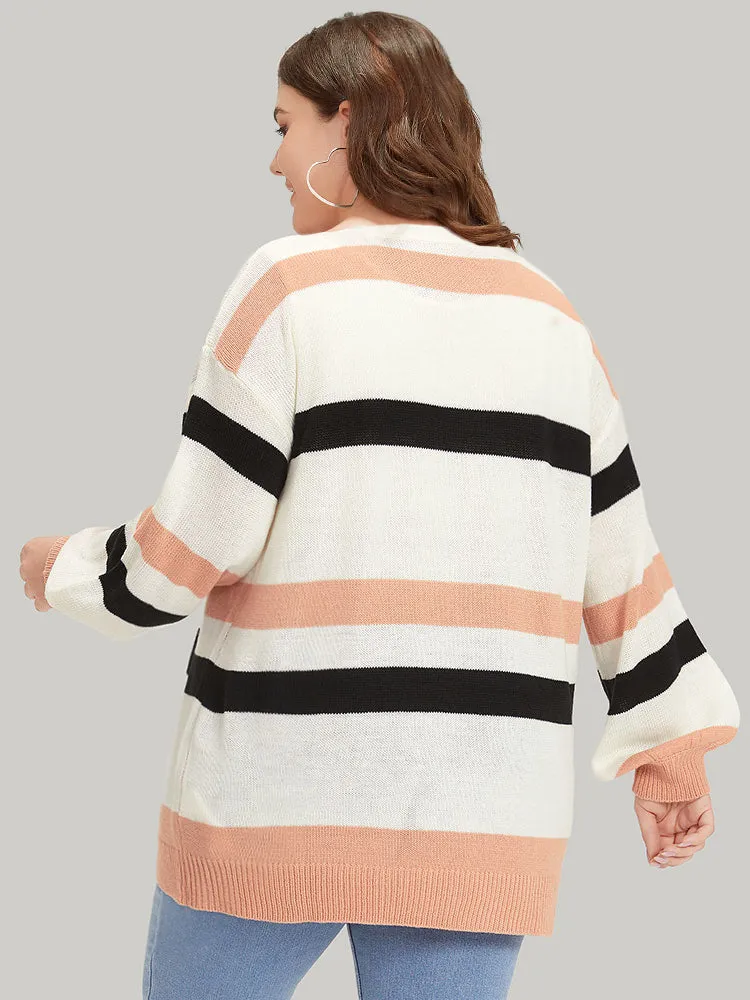 Colorblock Contrast Elastic Cuffs Open Front Cardigan