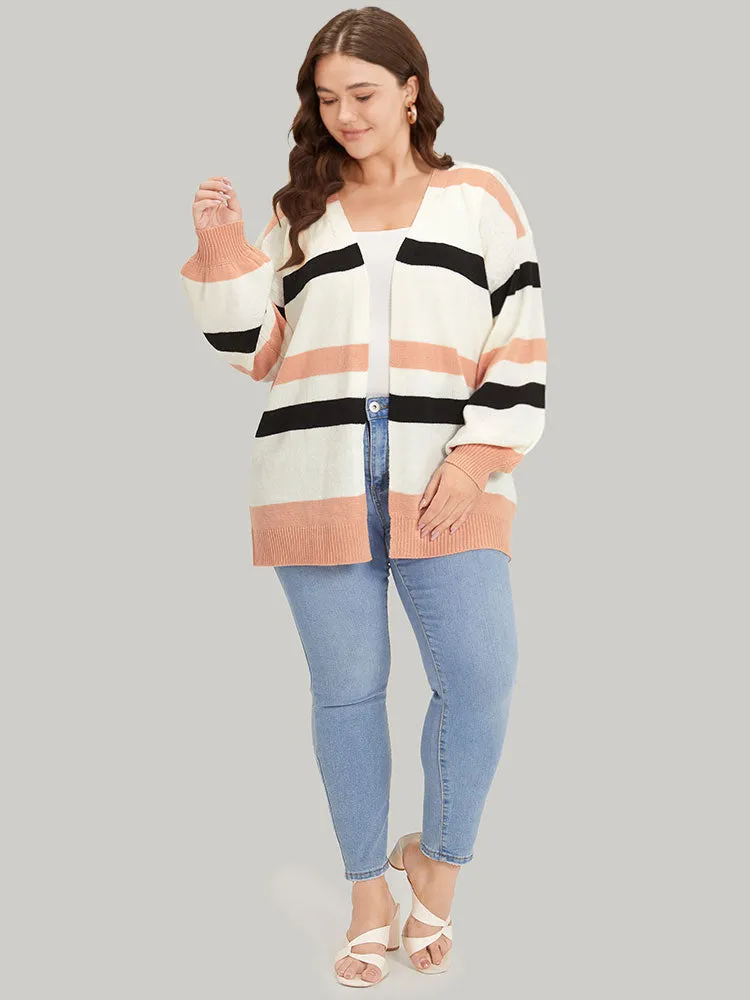 Colorblock Contrast Elastic Cuffs Open Front Cardigan