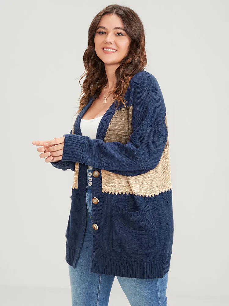 Colorblock Contrast Pointelle Knit Pocket Jacquard Button Front Cardigan