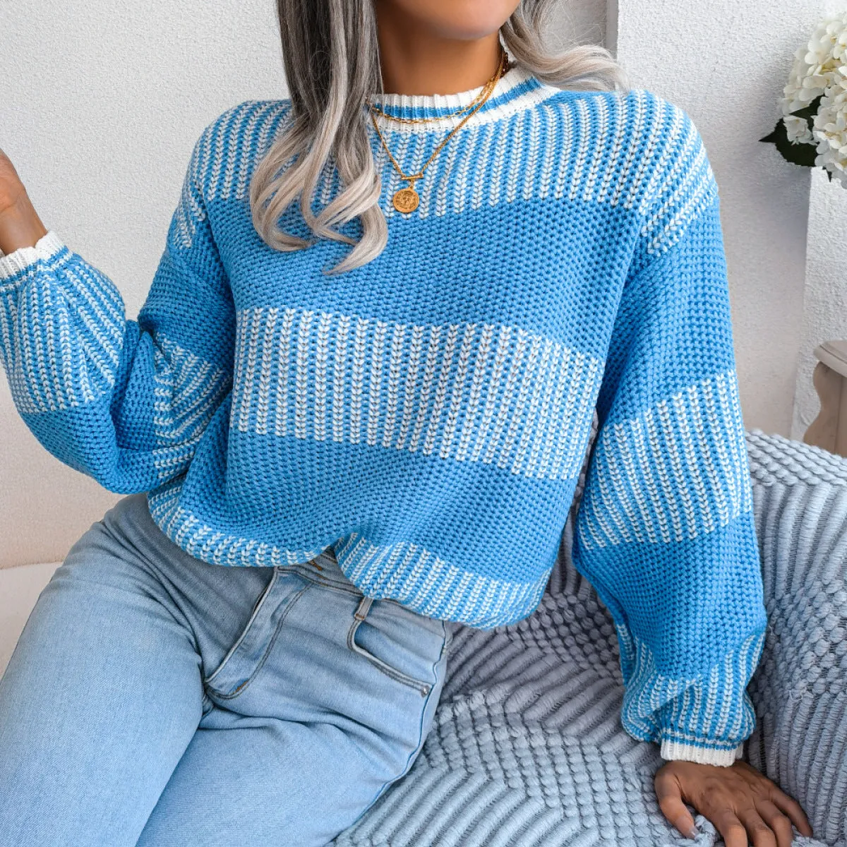 Colorblock Striped Long Sleeve Knit Sweater