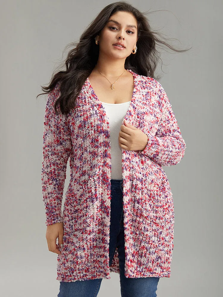 Contrast Fuzzy Open Front Patched Pocket Cardigan