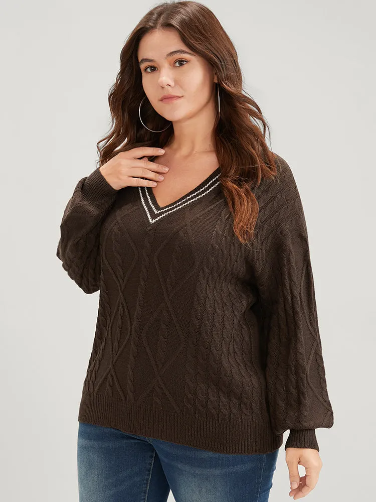 Contrast Trim Pointelle Knit  V Neck Lantern Sleeve Knit Top