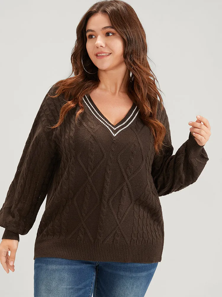 Contrast Trim Pointelle Knit  V Neck Lantern Sleeve Knit Top