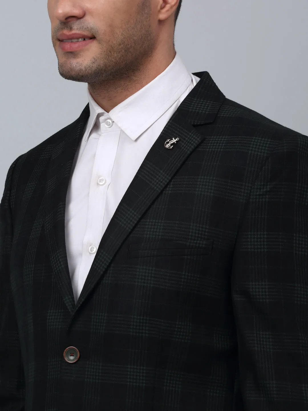 Dark Green Checkered Full Sleeves Formal Blazer For Men