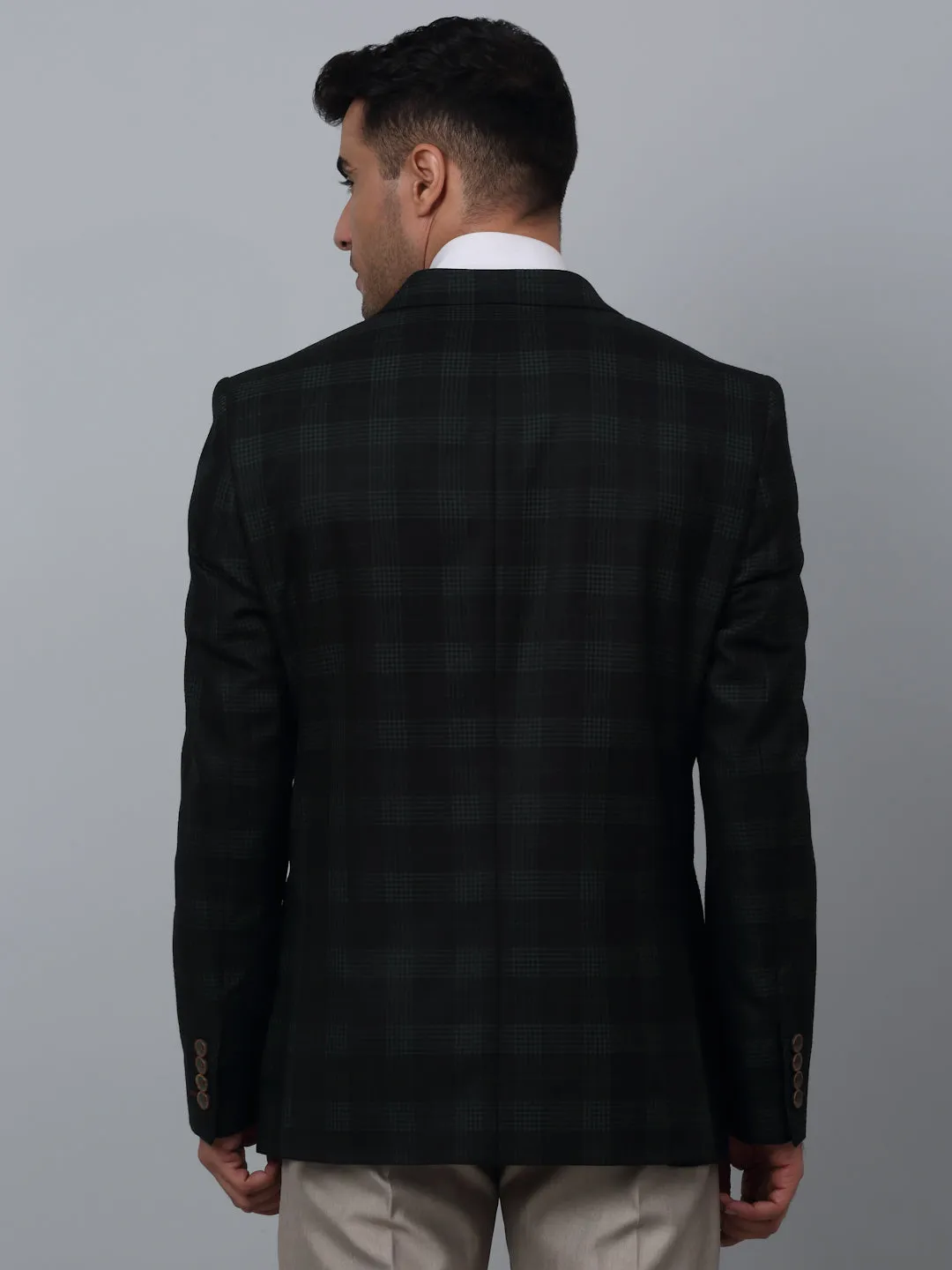 Dark Green Checkered Full Sleeves Formal Blazer For Men