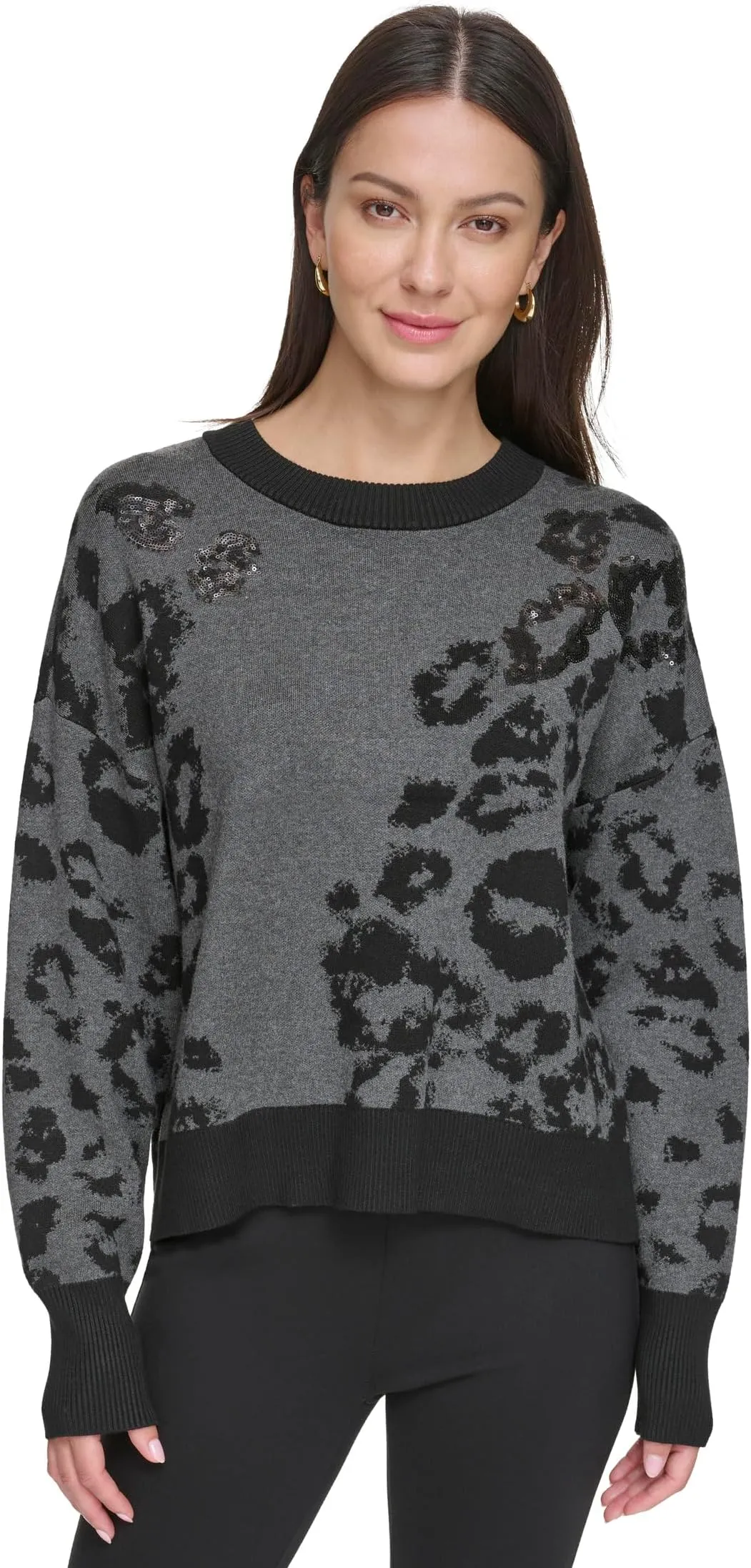 DKNY Animal Sequin Long Sleeve Sweater in Granite Heather/Black