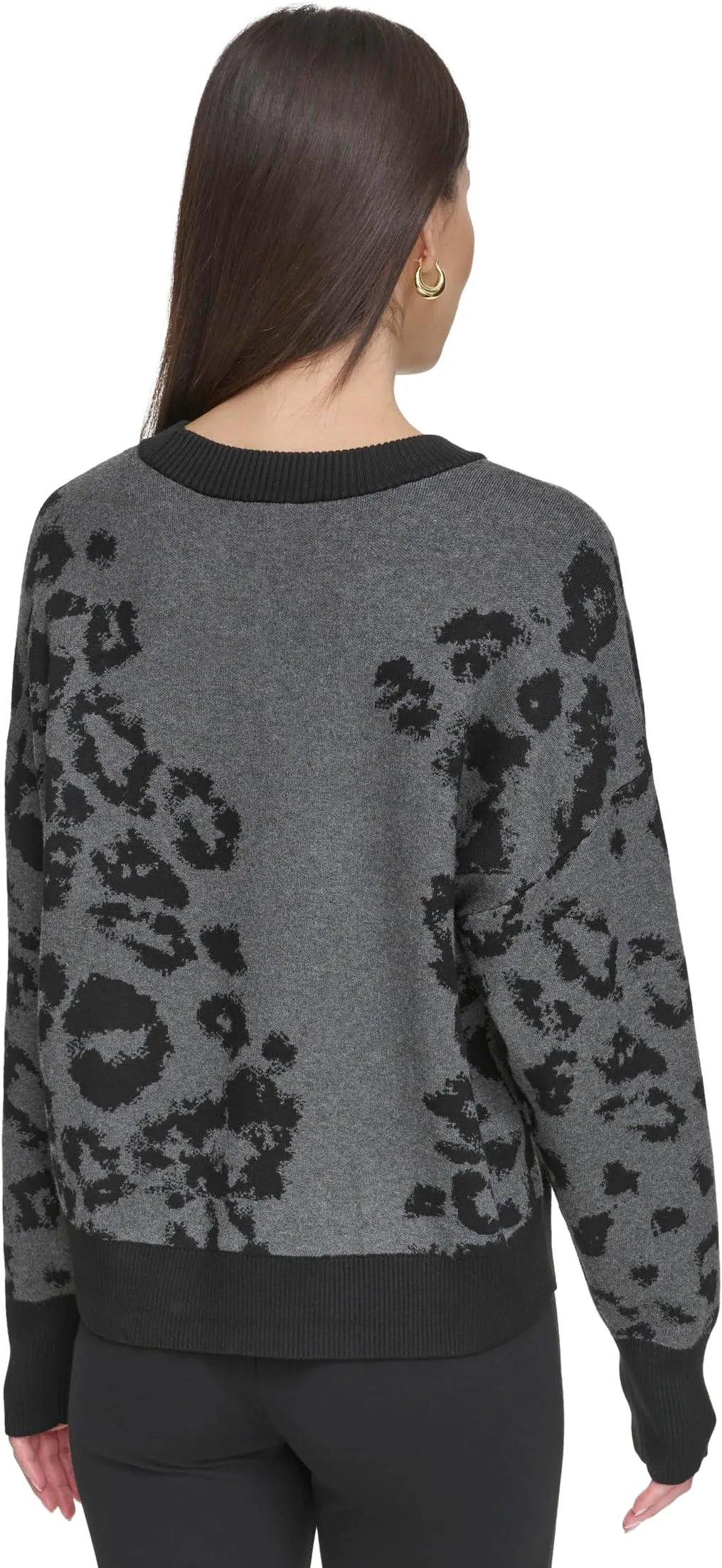 DKNY Animal Sequin Long Sleeve Sweater in Granite Heather/Black