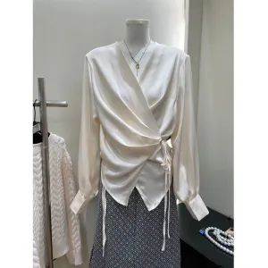 Elegant Japanese Style Satin Blouses Women Vintage Casual Pleated Shirts Long Sleeve Cardigan Sexy V-neck Female Kimono