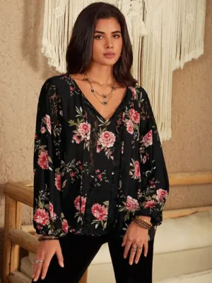 Eloise Flower Printed Tie Neck Long Sleeve Blouse in Attractive Black