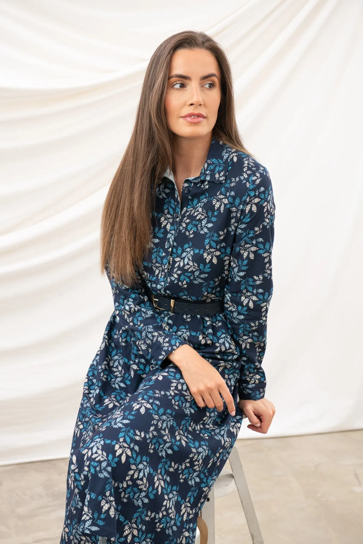 Elsie Dress - Navy Leaf