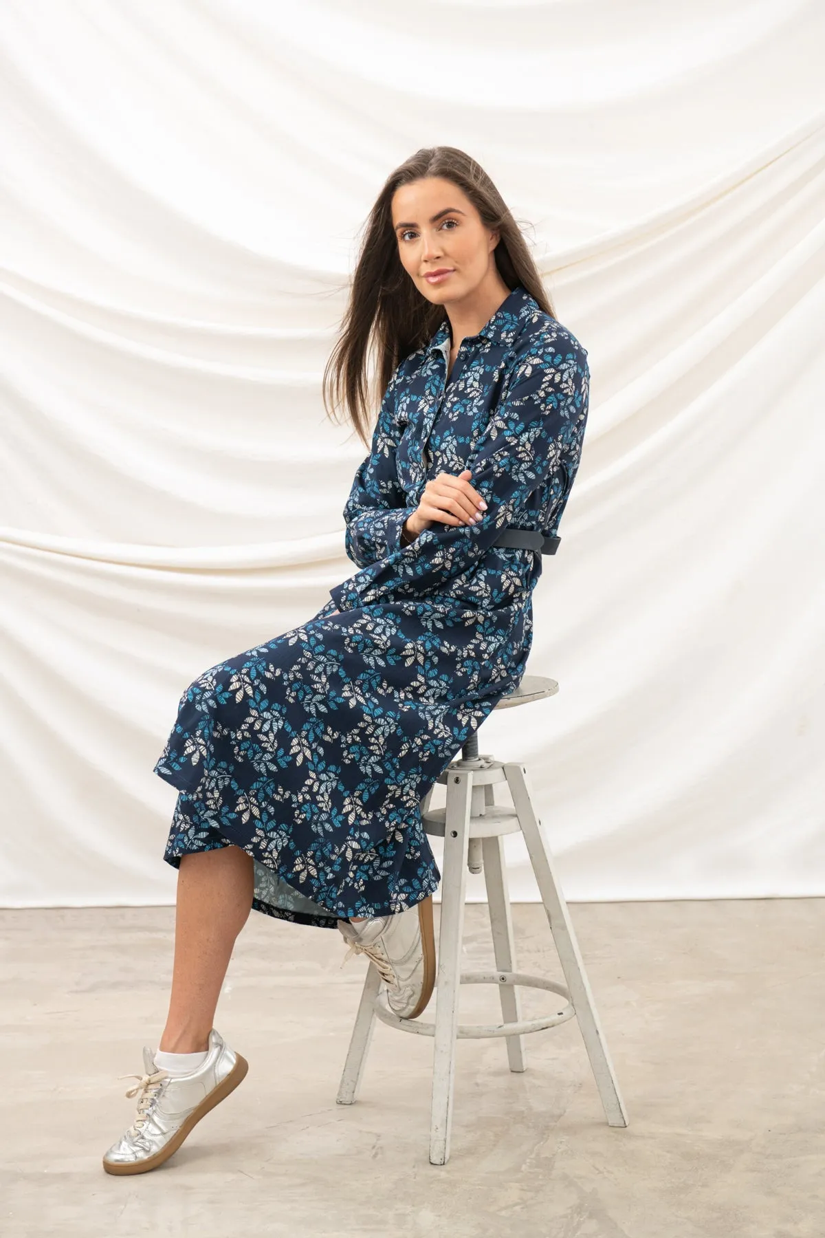 Elsie Dress - Navy Leaf