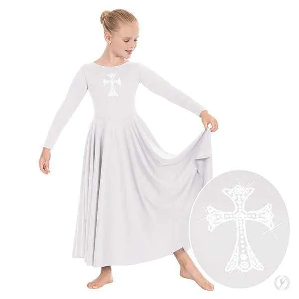 Eurotard Girls Long Sleeve Praise Dress with Rhinestone Royal Cross