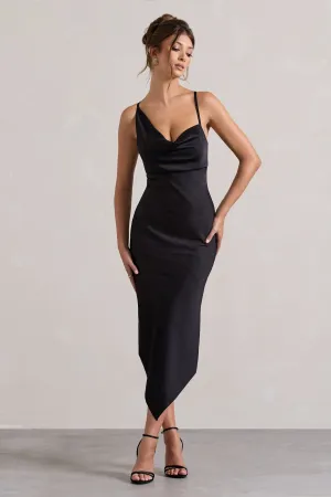 Fillie | Black Satin Asymmetric Cowl-Neck Midi Dress