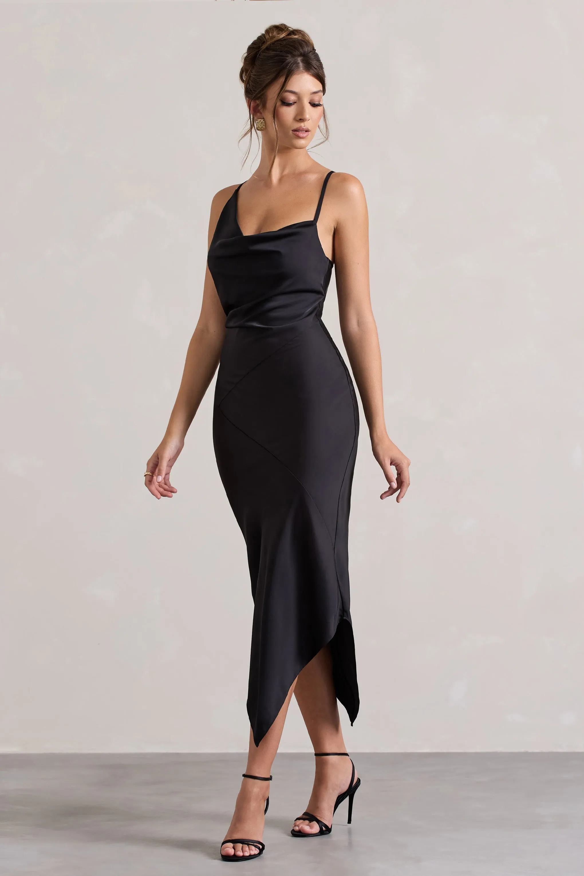 Fillie | Black Satin Asymmetric Cowl-Neck Midi Dress